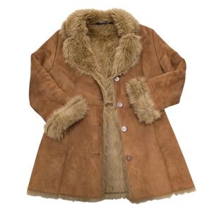 Vintage Y2K MIXXIT Women's Suede Faux Fur Trimmed Coat Tan Medium Winter Warm